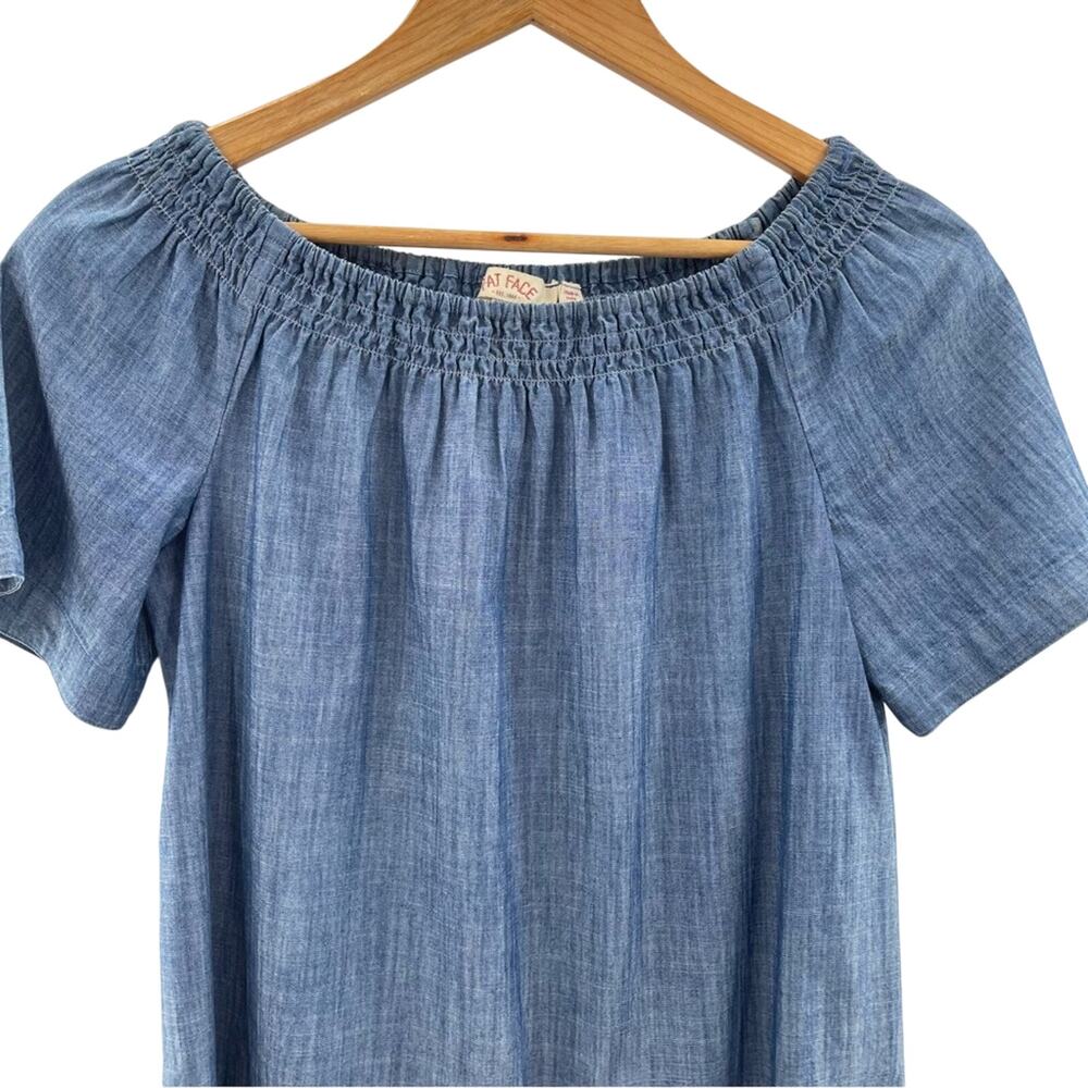 Fat Face Blue Chambray Lightweight Bardot Off The Shoulder Summer Dress Size 4 - Picture 2 of 6
